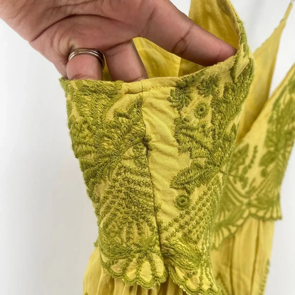 Urban Outfitters Jamie Embroidered Babydoll Mini Dress Large Yellow Festival